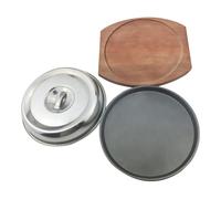 Happyyami Plateau de Barbecue Rond en Métal Couvercle Bois, Poêle Antiadhésive Facile à Nettoyer, Set Complet pour Repas Western, pour Grillades et Steak