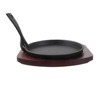 Happyyami Poêle à Steak en Fonte Épaisse avec Base en Bois, Plaque de Gril Antiadhésive Robuste pour Barbecue, Assiette de Service Ronde pour Cuisson Maison Couleur Couleur Aléatoire