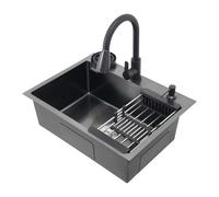 HarBin-Star - Évier de cuisine, 60 x 45 cm, en acier inoxydable, avec robinet à avaler, distributeur de savon et panier d'égouttement, évier simple encastrable