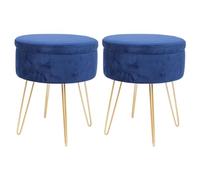 Harbour Housewares 2X Bleu/Or H45 x D36cm Rond Repose-Pieds de Rangement en Velours - Salon Mettre la Table Tabouret Ottoman Pouf Chaise Siège