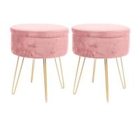 Harbour Housewares 2X Rose/Or H45 x D36cm Rond Repose-Pieds de Rangement en Velours - Salon Mettre la Table Tabouret Ottoman Pouf Chaise Siège
