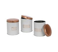 Harbour Housewares 3pc Rond Métal Thé Café Sucre Ensemble de Bidons - Blanc/Cuivre - Cuisine Boîte de Rangement Caddie Récipient Boîte Pots avec Couvercle