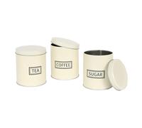 Harbour Housewares 3pc Rond Métal Thé Café Sucre Ensemble de Bidons - Crème - Ancien Cuisine Boîte de Rangement Caddie Récipient Boîte Pots avec Couvercle