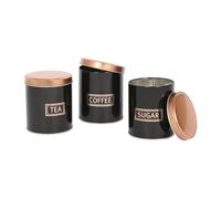 Harbour Housewares 3pc Rond Métal Thé Café Sucre Ensemble de Bidons - Noir/Cuivre - Cuisine Boîte de Rangement Caddie Récipient Boîte Pots avec Couvercle