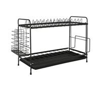 Harbour Housewares Égouttoir à Vaisselle en Métal à 2 Niveaux avec Bac d'égouttage - Noir - 1x Cuisine Couler Séchage Évacuation Vaisselle Plaque Plats Panneau de Rangement avec Porte-Ustensiles