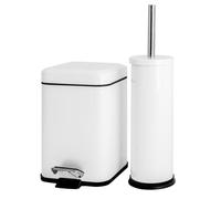 Harbour Housewares Ensemble poubelle et brosse de salle de bain 3 L - Blanc - 2 pièces dépareillées en acier inoxydable - Poubelle à pédale carrée et brosse de toilette ronde - Petite poubelle fine