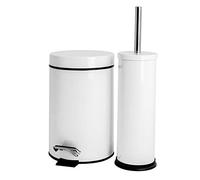 Harbour Housewares Ensemble poubelle et brosse de salle de bain 3 L - Blanc - Ensemble de 2 poubelles rondes à pédale en acier inoxydable et brosse de toilette, petite poubelle fine