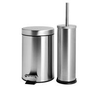 Harbour Housewares Ensemble poubelle et brosse de salle de bain 3 L - Brossé - Ensemble de 2 poubelles rondes à pédale en acier inoxydable et brosse de toilette, petite poubelle fine