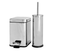 Harbour Housewares Ensemble poubelle et brosse de salle de bain 3 L - Chrome - 2 pièces dépareillées en acier inoxydable - Poubelle à pédale carrée et brosse de toilette ronde - Petite poubelle fine