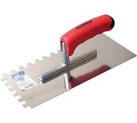 HAROMAC Truelle de lissage, fabriquée en Allemagne, 10 x 10 mm, dentelée, en acier inoxydable, poignée souple à 2 composants, qualité professionnelle, lisse, pelle, disque de lissage