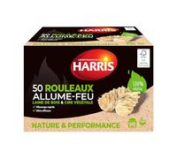 HARRIS - 50 Rouleaux Allume-feu - 100% naturels - Laine de Bois & Cire - Allumage Rapide - Ultra Efficace - Etui Carton refermable - Bois FSC - Fabrication Française - x50
