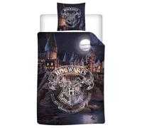 Harry Potter Hogwarts Housse de Couette 140x200 + Taie 65x65 Polycoton | Parure de lit réversible 1 personne | Ambiance nocturne Poudlard | Licence Wizarding World | Cadeau sorcier en herbe