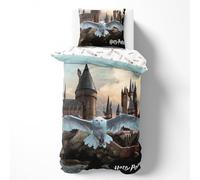 Harry Potter Parure de lit 135 x 200 cm, en coton, pour fille et garçon, parure de lit pour enfant Poudlard, 1 taie d'oreiller 80 x 80 cm + housse de couette 135 x 200 cm, motif chouette Hedwig cadeau