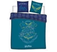Parure de Lit Double Réversible Harry Potter, Housse de Couette 240x220 cm et 2 Taies d'oreiller 63x63 cm, 100% Polyester, Motif Poudlard Bleu & Turquoise