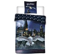 Harry Potter Poudlard Housse de Couette 135x200 + Taie 80x80 Hedwige Nuit | Parure lit réversible | Microfibre séchage rapide Oeko-Tex | Envol nocturne d'Hedwige sur Poudlard | Déco chambre ado