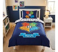 Harry Potter Poudlard Housse de Couette 140x200 cm + taie 65x65 Coton | Parure de lit 1 personne | 100% coton respirant | Blason 4 maisons colore | Enfant | Idee cadeau