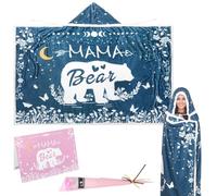 Harsever Cadeau Fete des Meres,Poncho Polaire Mama Bear 185×120cm Couverture à Capuche en Peluche,Cadeau Anniversaire Noël pour Maman avec Carte & Bouquet (Bleu)