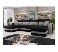 Harvey - Canapé panoramique en U 7 places convertible avec coffre en tissu bicolore - Noir / Gris