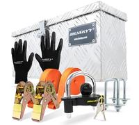 HASKYY Boîte à outils en aluminium 485 x 140 x 200 mm avec 2 sangles de serrage avec cliquet 5 m x 27 mm 400-800 daN, antivol et gants noirs, mallette à outils