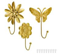 HASLED Lot de 3 Patères Muraux Dorés - Crochets Décoratifs en Forme de Fleur et Papillon - Pour Porte-manteaux, Cuisine et Salon - Installation Sans Percage
