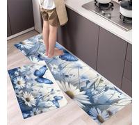 HASLEFND Lot de 2 Tapis de Cuisine Animaux et Fleurs Marguerite Papillon, Lavable Tapis de Cuisine avec Autocollants antidérapants pour Cuisines, Couloir(Bleu, 50x80+50x150cm)