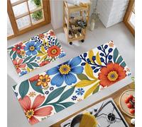HASLEFND Lot de 2 Tapis de Cuisine antidérapants et lavables, Fleurs Ethniques, Cosmos Fleurs Sauvages, 45x75+45x150cm, Bleu, décoration de Cuisine Vintag