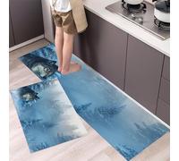 HASLEFND Lot de 2 Tapis de Cuisine antidérapants et lavables, Forêt d'hiver, Brume du pin Wolf, 50x80+50x150cm, Bleu Glacier, décoration de Cuisine Vintag