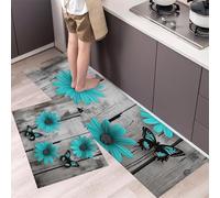 HASLEFND Lot de 2 Tapis de Cuisine antidérapants et lavables, Style rétro Vieilli, Marguerite, Papillon, Vieille Planche en Bois, 40x60+40x120cm, Bleu, décoration de Cuisine Vintag