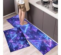 HASLEFND Lot de 2 Tapis de Cuisine antidérapants et lavables, Style technologique futuriste Triangle néon, 50x80+50x150cm, Bleu-Violet, décoration de Cuisine Vintag