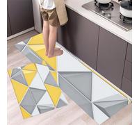 HASLEFND Lot de 2 Tapis de Cuisine Antidérapants, Lavables, Minimalisme géométrique Triangle Jaune Gris, pour Couloir, Salle à Manger, Entrée et Porte, 50x80+50x150cm