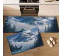 HASLEFND Lot de 2 Tapis de Cuisine Antidérapants, Lavables, Paysage Fantastique Montagne enneigée de Wolf Cloud, pour Couloir, Salle à Manger, Entrée et Porte, 45x75+45x150cm,Gris-Bleu