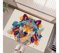 HASLEFND Paillasson Style Animal Abstrait, Tapis de Sol Antidérapant Lavable en Machine Tête de Loup aux Plumes colorées pour Chien, Entrée, Porte et Couloir, Couleur Orange, 80 x 120 cm