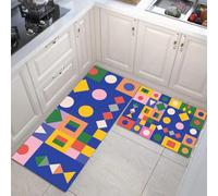 HASLEFND Style Abstrait géométrique Cercle Carré Triangle Tapis de Cuisine Antidérapant, 50x80+50x150cm Tapis de Cuisine Devant Evier, Anti-salissures, Lavable en Machine pour Cuisines,Jaune Bleu