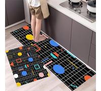 HASLEFND Tapis Cuisine Devant evier, Couloir Lavable antiderapant Illustrations géométriques Grille Carré Cercle pour Salon, Chambre, Les Chambres Jeunes Adulte Bleu-Orange, 45x75+45x150cm