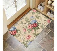 HASLEFND Tapis Entree Interieur rétro champêtre Roses, Feuilles Vertes, hortensias 40 x 60 cm Tapis Cuisine Devant Evier Antidérapant et Lavable en Machine | Tapi Couloir Paillasson InterieurBeige