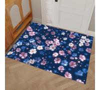 HASLEFND Tapis Entrée Intérieur, Tapis de Porte Lavable, Tapi Salon Illustrations Florales Fleurs Roses peintes à la Main, Chambre, Cuisine Dessous Antidérapant, Bleu foncé, 60 x 90 cm