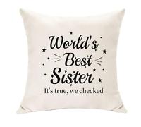 Hasodeo World's Best Sister It's True We Checked Housse de coussin beige 45 x 45 cm décorative amusante Cadeau pour Noël, anniversaire, Nouvel An (Sister)