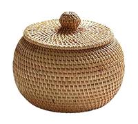 Hatem BoîTe Ronde en Rotin avec Couvercle, BoîTe de Rangement TisséE à la Main, Panier de Rangement Multifonctionnel pour Plateau de Bureau, DéCoration pour