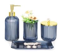 Haturi Ensemble d'accessoires de Salle de Bain en Verre Bleu, 4 pièces avec Distributeur de Savon, Porte-Brosse à Dents, Pot d'apothicaire, Plateau de Coiffeuse, décoration de Salle de Bain, Cadeau