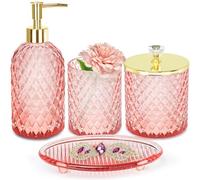 Haturi Ensemble d'accessoires de Salle de Bain en Verre Rose avec Distributeur de Savon, Porte-Brosse à Dents, Pot d'apothicaire, Plateau de Coiffeuse, décoration de Salle de Bain, Cadeau pour Maison