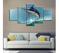 HATUROPO Tableau Murale Decoration 5 Panneau Marlin bleu Poisson espadon sautant Mural Art Peinture Photos Bureau À Domicile Bain Grand Tableau Decoration Poster Mural Xxl 200X100