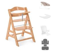 hauck Alph Ensemble économique en hêtre naturel - Chaise haute en bois de la naissance à 99 ans - Chaise haute avec transat pour nouveau-né, réducteur de siège pour bébé, coussin de siège et plateau