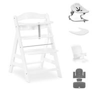 hauck Alph Premium Bundle Chaise haute en bois de hêtre de la naissance à 99 ans - Chaise haute avec transat inclinable, réducteur de siège pour bébé, coussin de siège et plateau à clic