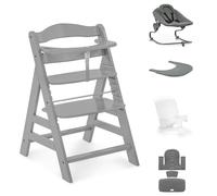 hauck Alph Premium Bundle, gris hêtre - Chaise haute en bois de la naissance à 99 ans - Chaise haute avec transat inclinable, réducteur de siège pour bébé, coussin de siège et plateau à clic
