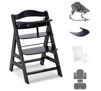 hauck Alph Premium Bundle, hêtre noir - Chaise haute en bois de la naissance à 99 ans - Chaise haute avec transat inclinable, réducteur de siège pour bébé, coussin de siège et plateau à clic