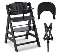 hauck Chaise Haute Bébé Alph avec Plateau Repas Click Tray - Black | Chaise haute évolutive en bois, dès 6 mois à 90 kg, inclus coussin, harnais 5 points, arceau de protection, réglable