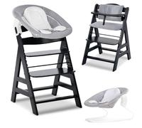 hauck Chaise Haute Bébé Alph avec Siège Nouveau-né 2 en 1 - Black | Chaise haute évolutive en bois, de la naissance à 90 kg, inclus assise bébé avec réducteur, coussin, idéal pour repas