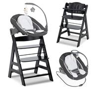 hauck Chaise Haute Bébé Alph avec Siège Nouveau-né Deluxe - Black | Chaise haute évolutive en bois, de la naissance à 90 kg, inclus assise avec arche éveil bébé, coussin, idéal pour repas