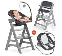 hauck Chaise Haute Bébé Alph avec Siège Nouveau-né Deluxe - Grey | Chaise haute évolutive en bois, de la naissance à 90 kg, inclus assise avec arche éveil bébé, coussin, idéal pour repas