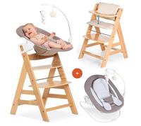hauck Chaise Haute Bébé Alph avec Siège Nouveau-né Deluxe - Natural | Chaise haute évolutive en bois, de la naissance à 90 kg, inclus assise avec arche éveil bébé, coussin, idéal pour repas